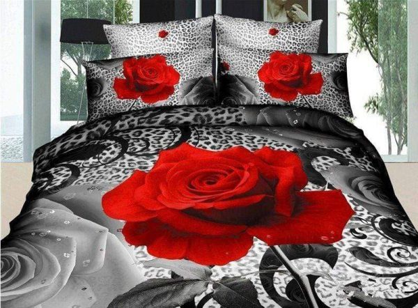 Leopard Leather Duvet Cover Bedding Set with Red Rose Design