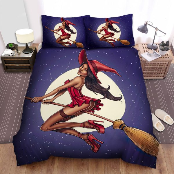 Halloween, Witch, Sexy Red Dress Witch Duvet Cover Bedroom Sets Comfortable Bedding Sets