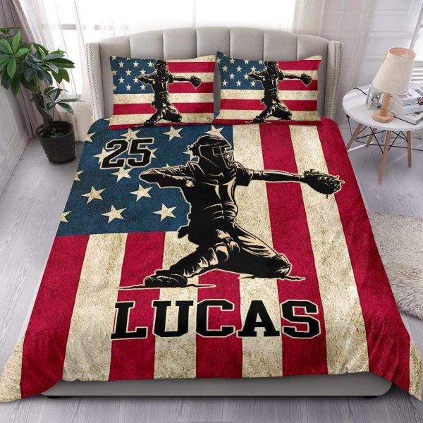 Personalized Baseball American Flag Catcher Duvet Cover Bedroom Sets Comfortable Bedding Sets
