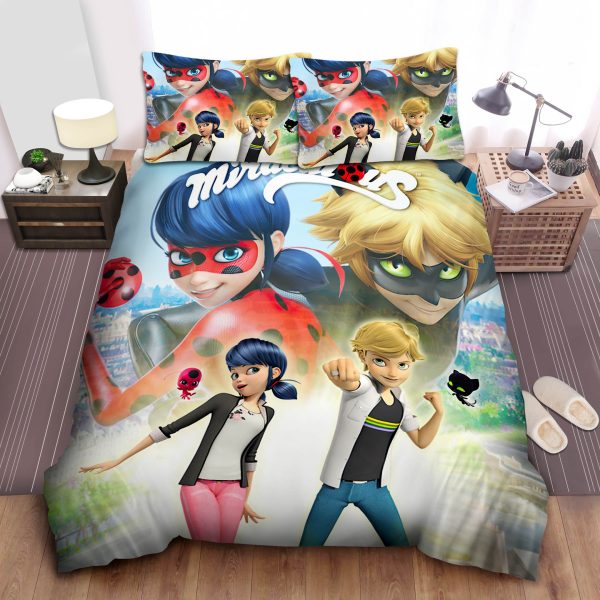 Ladybug & Cat Noir Poster Bedding Sets: Casual Clothes Duvet Cover, Sheets Spread Comforter