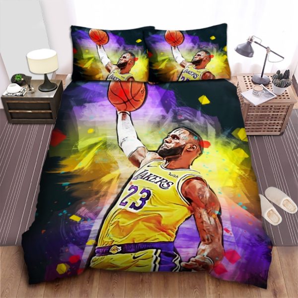 Lebron James Dunk Painting Bedding Sets: Los Angeles Lakers Comforter, Duvet Cover & Sheet Spread