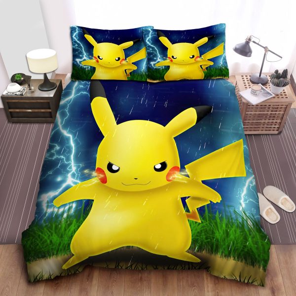 Pikachu in Rainy Night Pokemon Bedding Set: Duvet Cover, Bed Sheets, Comforter