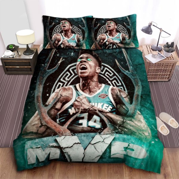 Giannis Antetokounmpo Milwaukee Bucks Strength Artwork Bedding Set: Duvet Cover, Bed Sheet Spread