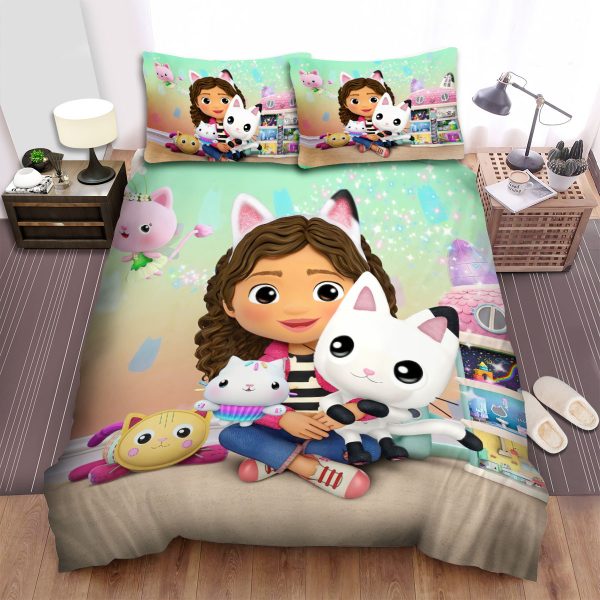 Gabby's Dollhouse Bedding Set: Cats Illustration Duvet Cover & Bed Sheets Spread