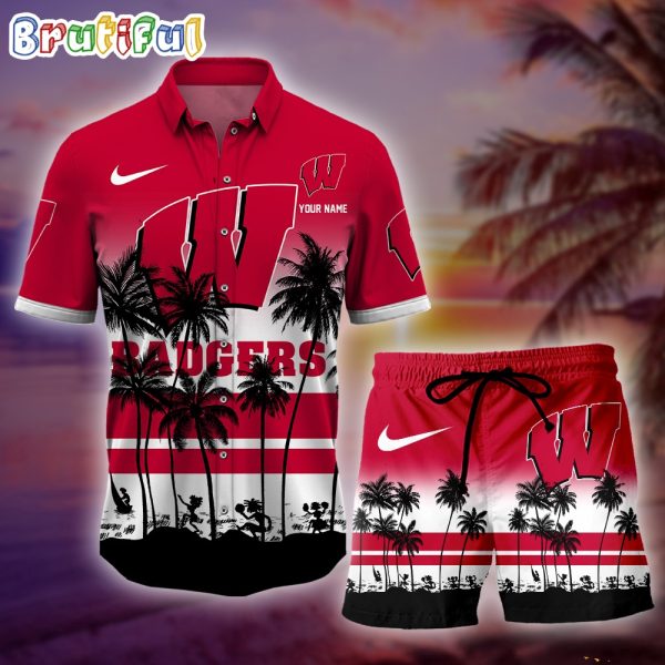 Wisconsin Badgers Palm Tree Summer Hawaiian Shirt, NCAA Sport Summer Hawaiian Set, Summer Beach Short