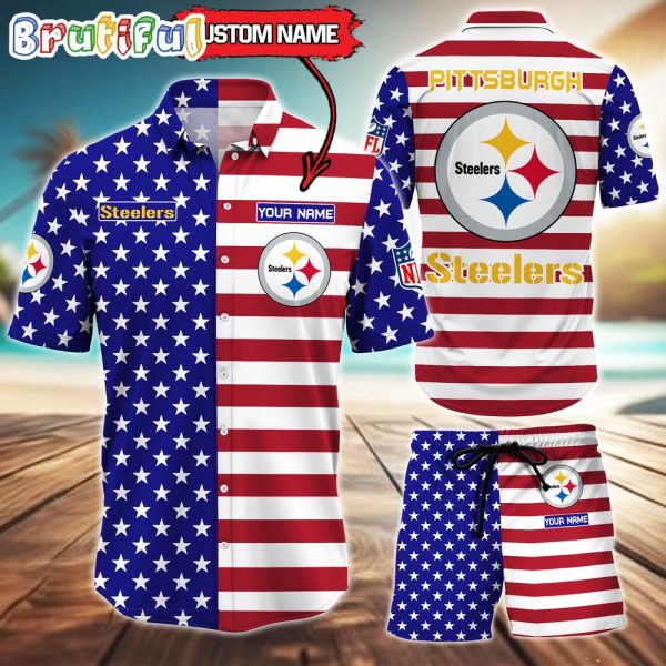 Pittsburgh Steelers American Flag Hawaii Shirt, NFL Sport American Flag Hawaiian Shirt And Shorts Set Mens