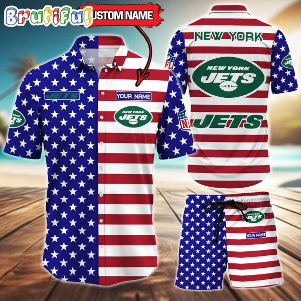 New York Jets American Flag Hawaii Shirt, NFL Sport American Flag Hawaiian Shirt And Shorts Set Mens