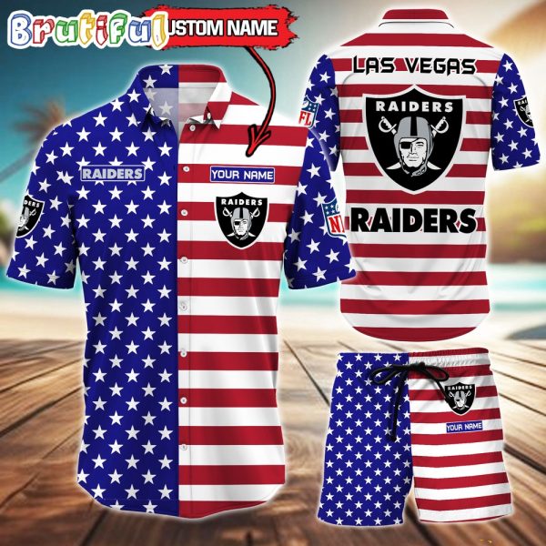 Las Vegas Raiders American Flag Hawaii Shirt, NFL Sport American Flag Hawaiian Shirt And Shorts Set Mens