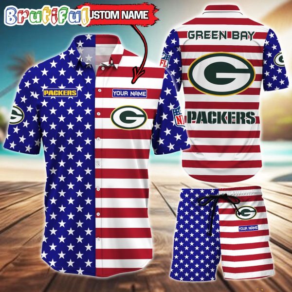 Green Bay Packers American Flag Hawaii Shirt, NFL Sport American Flag Hawaiian Shirt And Shorts Set Mens