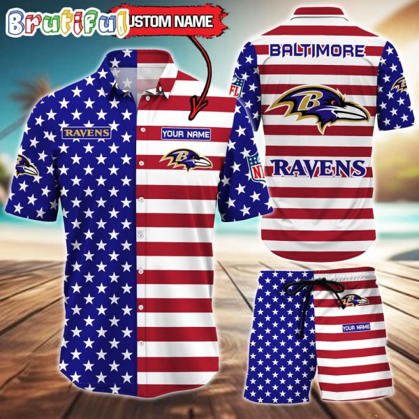 Baltimore Ravens American Flag Hawaii Shirt, NFL Sport American Flag Hawaiian Shirt And Shorts Set Mens