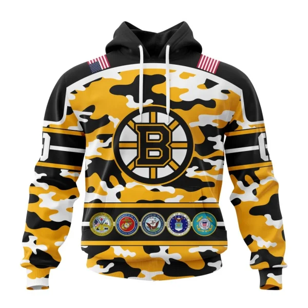 Hoodie NHL Boston Bruins Specialized Design Wih Camo Team Color And Military Force Logo
