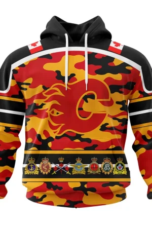 Hoodie NHL Calgary Flames, Specialized Design Wih Camo Team Color And Military Force Logo