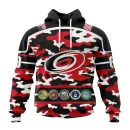 Hoodie NHL Carolina Hurricanes, Specialized Design Wih Camo Team Color And Military Force Logo