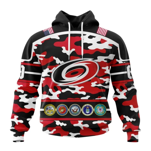 Hoodie NHL Carolina Hurricanes, Specialized Design Wih Camo Team Color And Military Force Logo