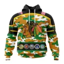 Hoodie NHL Chicago Blackhawks, Specialized Design Wih Camo Team Color And Military Force Logo