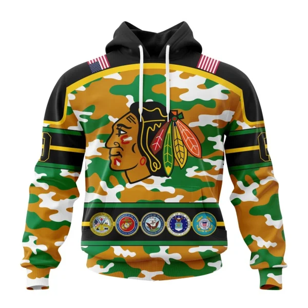 Hoodie NHL Chicago Blackhawks, Specialized Design Wih Camo Team Color And Military Force Logo