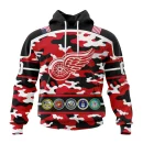 Hoodie NHL Detroit Red Wings, Specialized Design Wih Camo Team Color And Military Force Logo