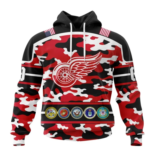 Hoodie NHL Detroit Red Wings, Specialized Design Wih Camo Team Color And Military Force Logo