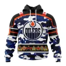 Hoodie NHL Edmonton Oilers, Specialized Design Wih Camo Team Color And Military Force Logo