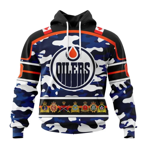 Hoodie NHL Edmonton Oilers, Specialized Design Wih Camo Team Color And Military Force Logo