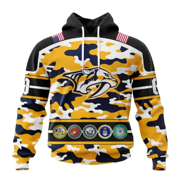 Hoodie NHL Nashville Predators, Specialized Design Wih Camo Team Color And Military Force Logo