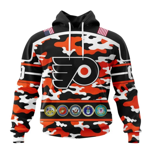Hoodie NHL Philadelphia Flyers, Specialized Design Wih Camo Team Color And Military Force Logo