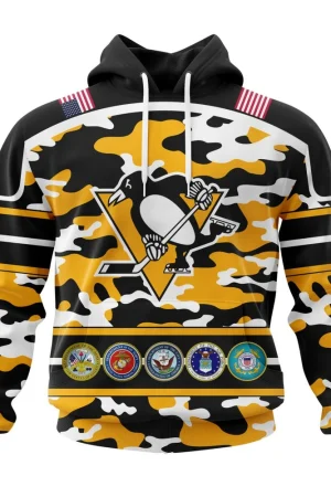 Hoodie NHL Pittsburgh Penguins, Specialized Design Wih Camo Team Color And Military Force Logo
