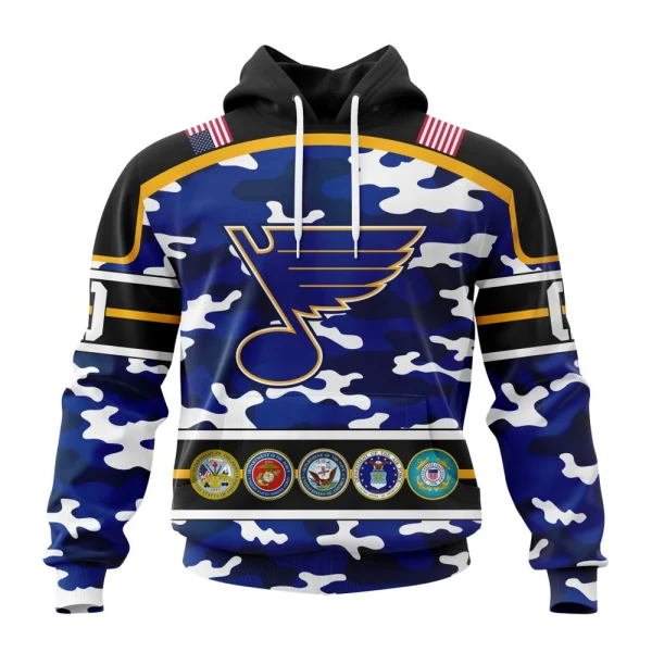 Hoodie NHL St. Louis Blues, Specialized Design Wih Camo Team Color And Military Force Logo