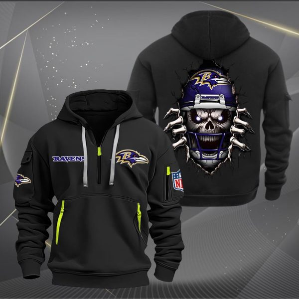 Baltimore Ravens Football Player Skull Quarter Zip Hoodie - Image 2