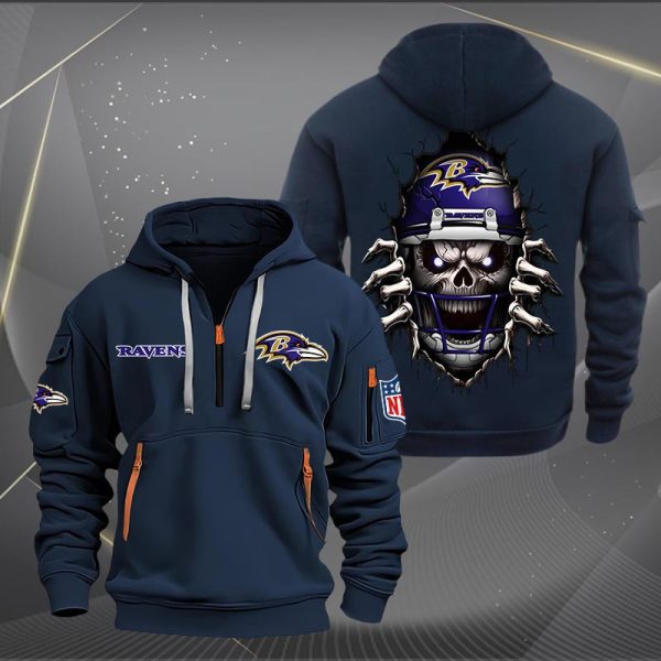 Baltimore Ravens Football Player Skull Quarter Zip Hoodie - Image 3