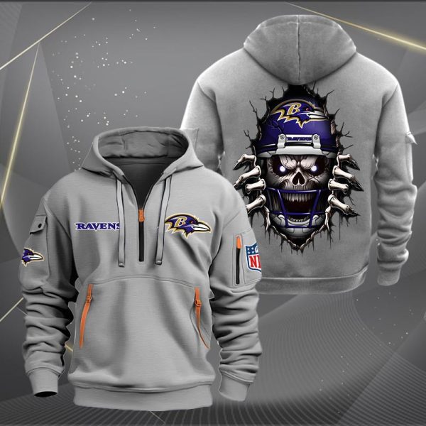 Baltimore Ravens Football Player Skull Quarter Zip Hoodie - Image 5