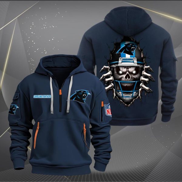 Carolina Panthers Football Player Skull Quarter Zip Hoodie - Image 2