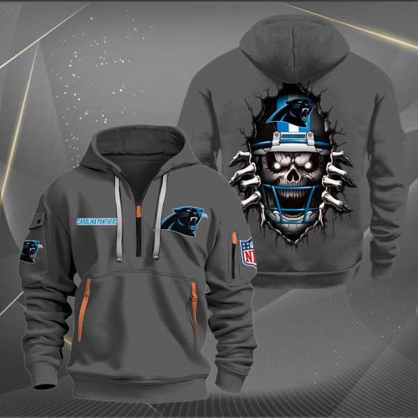 Carolina Panthers Football Player Skull Quarter Zip Hoodie - Image 3