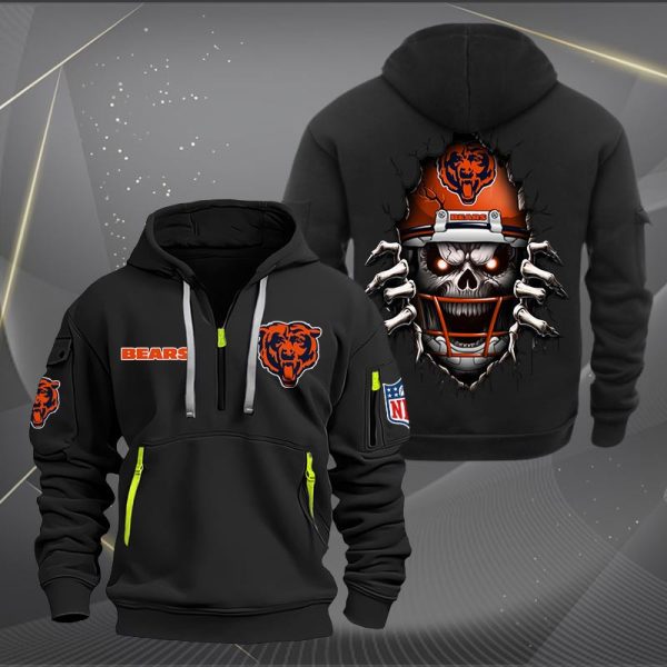Chicago Bears Football Player Skull Quarter Zip Hoodie