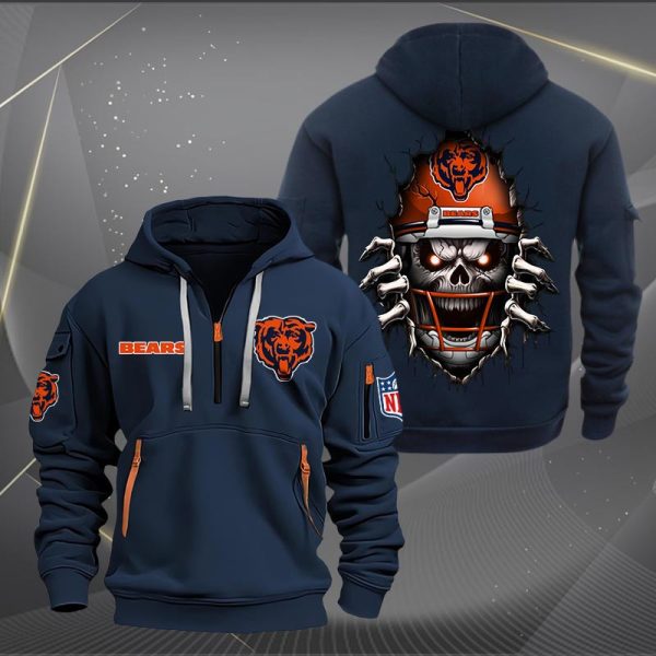 Chicago Bears Football Player Skull Quarter Zip Hoodie - Image 2