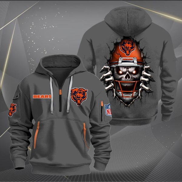 Chicago Bears Football Player Skull Quarter Zip Hoodie - Image 3