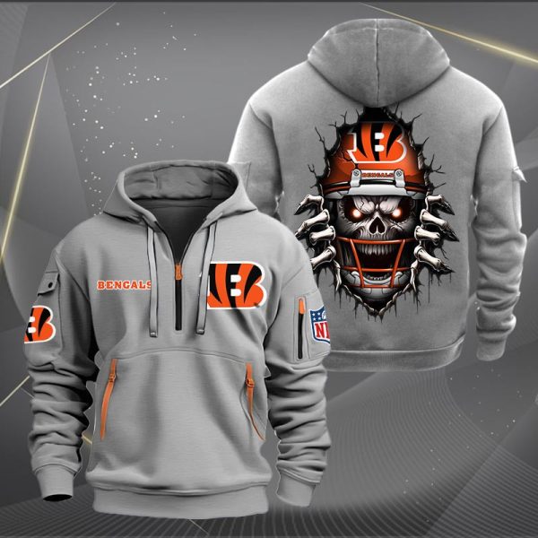 Cincinnati Bengals Football Player Skull Quarter Zip Hoodie - Image 4