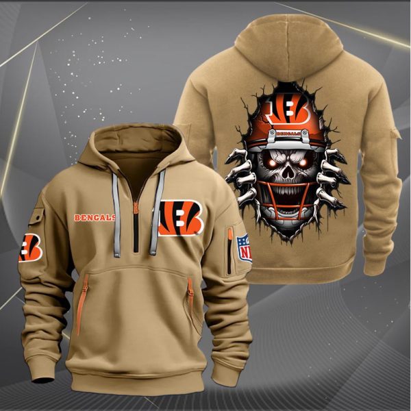 Cincinnati Bengals Football Player Skull Quarter Zip Hoodie - Image 5