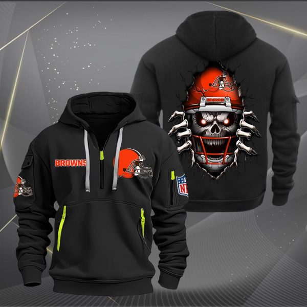 Cleveland Browns Football Player Skull Quarter Zip Hoodie - Image 2