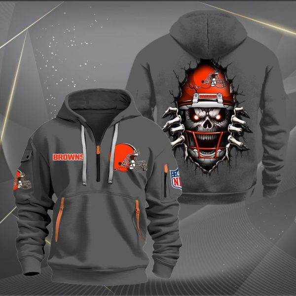 Cleveland Browns Football Player Skull Quarter Zip Hoodie - Image 4