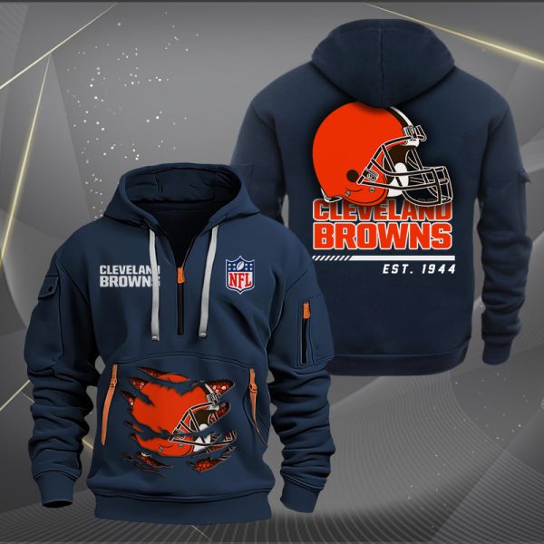Cleveland Browns Monster Scratch 2 Logo NFL Quarter Zip Hoodie - Image 2