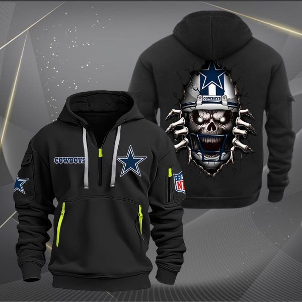 Dallas Cowboys Football Player Skull Quarter Zip Hoodie - Image 2
