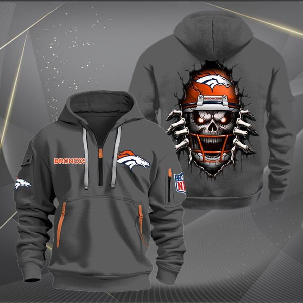 Denver Broncos Football Player Skull Quarter Zip Hoodie - Image 4