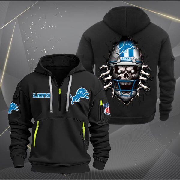 Detroit Lions Football Player Skull Quarter Zip Hoodie - Image 2