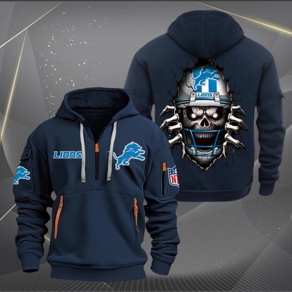 Detroit Lions Football Player Skull Quarter Zip Hoodie - Image 3