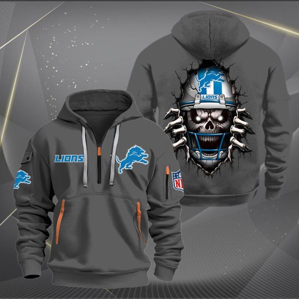 Detroit Lions Football Player Skull Quarter Zip Hoodie - Image 4