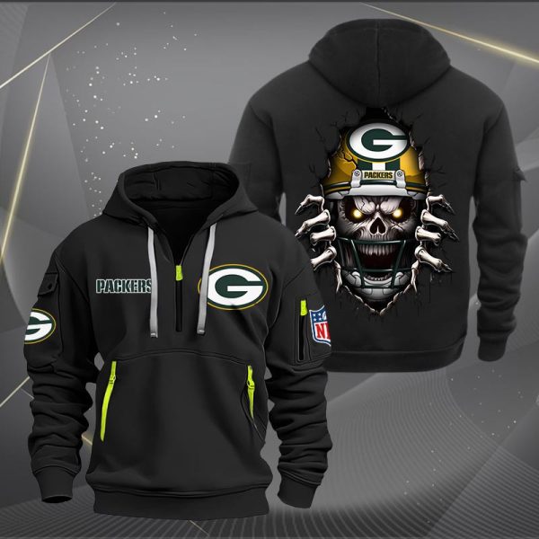 Green Bay Packers Football Player Skull Quarter Zip Hoodie - Image 2