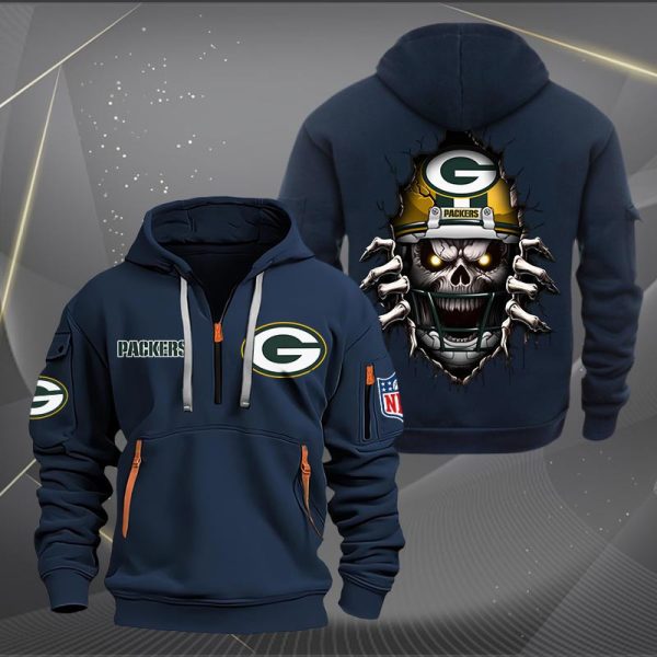 Green Bay Packers Football Player Skull Quarter Zip Hoodie - Image 3