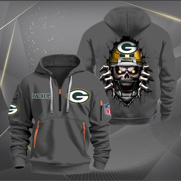 Green Bay Packers Football Player Skull Quarter Zip Hoodie - Image 4