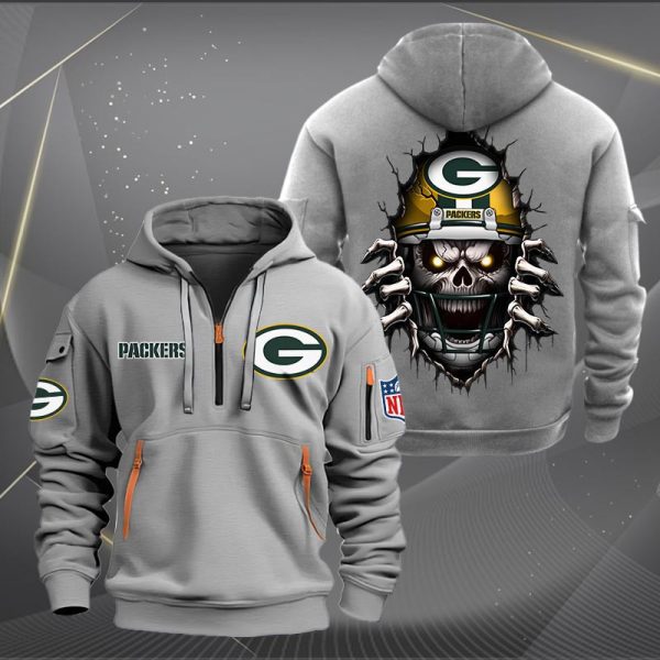 Green Bay Packers Football Player Skull Quarter Zip Hoodie - Image 5